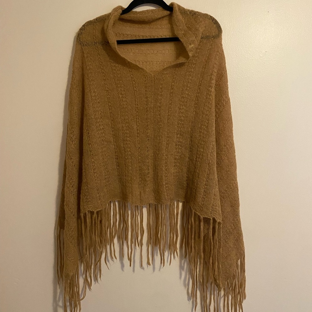 Trina Turk Camel Fringed Cowl Neck Sweater
